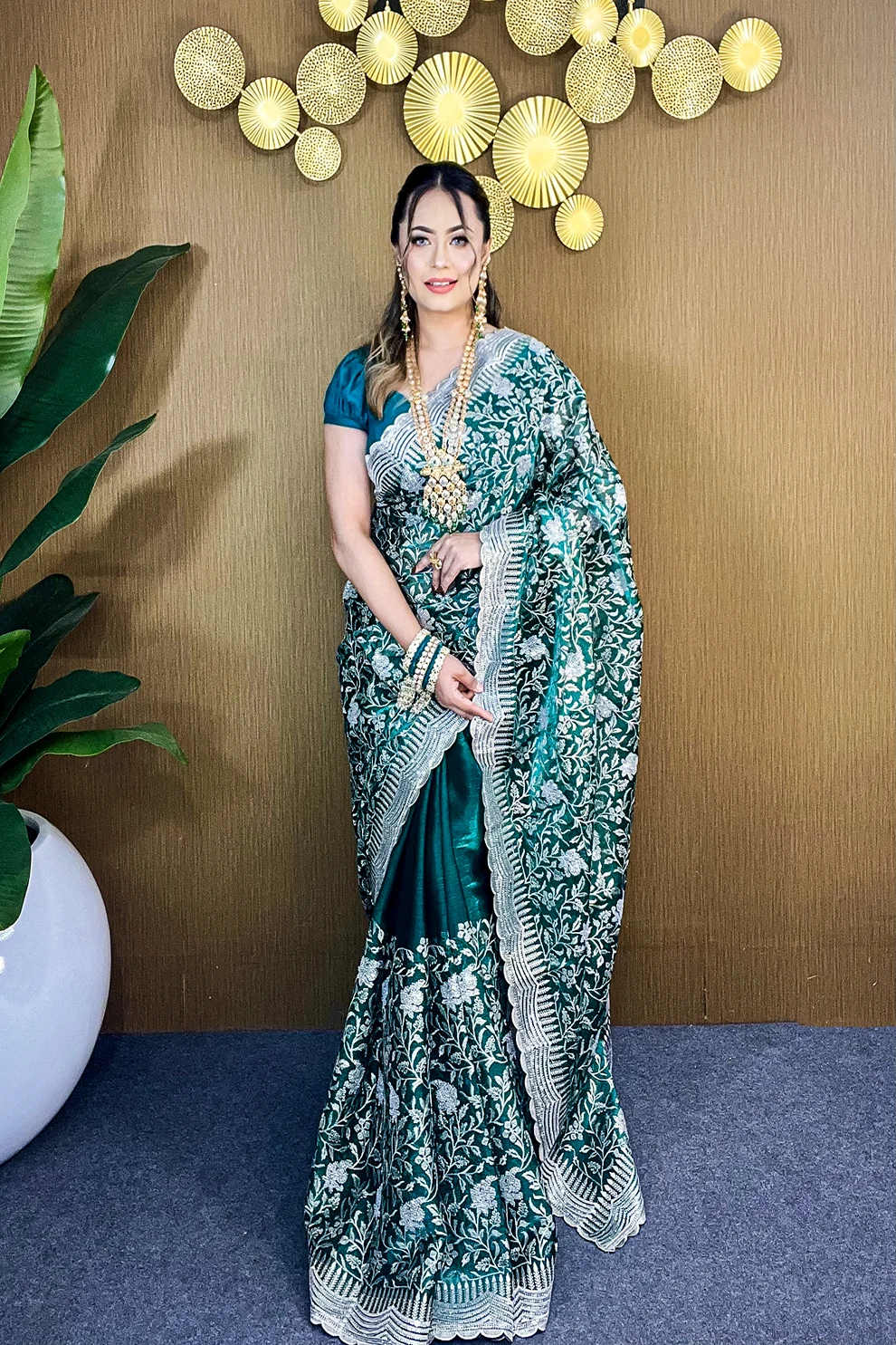 Forest Green Silver Grace – Premium High Grade Stone Saree ✨